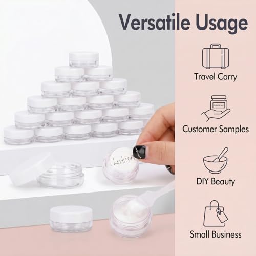 3 Gram Sample Jars with Lids, 25 Count Mini Cosmetic Containers - Makeup Travel Containers with Labels, Tiny Disposable Spatulas - color: White