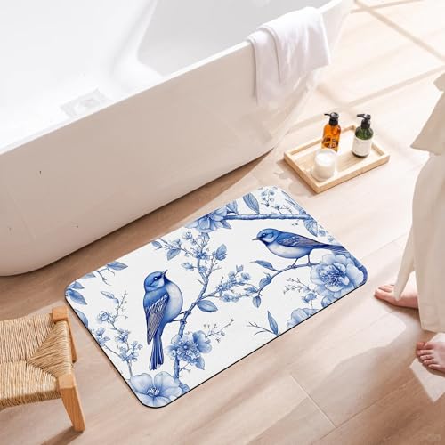 Diatomaceous Bathroom Rugs,Blue Birds Bathroom Decor,Retro Flowers Non Slip Bath Mat,Quick Dry Easy to Clean Care Shower Rug for Home Dorm Low Profile Floor Mat 17 X 29.5 Inch - color: Blue Birds