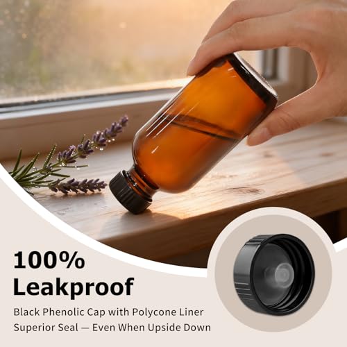 35 Pack 4 oz Amber Glass Boston Round Bottles with Phenolic Polycone Caps – Airtight, Leak-Proof Bottles for Vanilla Extract, Kombucha Brewing, Essential Oils, and Homemade Solutions - size: 4 ounces