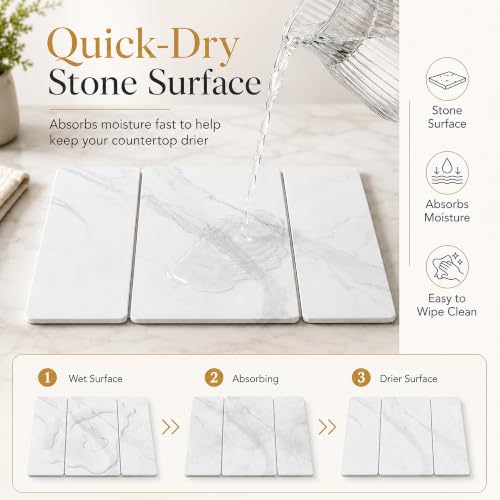 Stone Dish Drying Mat 24" x 16" – Dish Drying Stone Mat – Large Diatomaceous Earth Drying Mat with Non-Slip Base – Quick Dry Kitchen Drying Pad for Dishes, Glassware & Bottles 3 Folded Marbeled White - color: 3 Folded Marbeled White