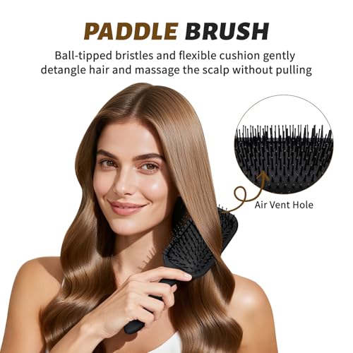 Balon Hair Brush for Women and Men, 4Pcs Paddle Brush Detangling Brush Hair Comb Set for Long Thick Thin Curly Hair, Hairbrush Great On Wet or Dry, No More Tangle - color: Black