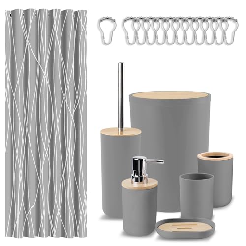 Britimes Bathroom Accessories Set, 19PC Grey Shower Curtain Set with Trash Can, Soap Dispenser, Toilet Brush Holder, Toothbrush Holder and Toothbrush Cup for Bathroom Decor - color: Grey2