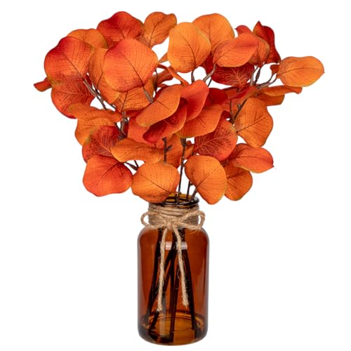 Briful Artificial Eucalyptus Stems in Amber Glass Vase with Faux Water, 14" Fake Fall Plant Autumn Eucalyptus Leaves for Home Farmhouse Wedding Centerpiece Bathroom Décor - color: Orangered