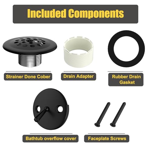 Trip Lever Tub Drain Kit, Bathtub Drains Stopper Replacement Set with Trip Lever Overflow Faceplate, Strainer, No Putty Gasket and Matching Screws (Matte Black) - color: Black Kits