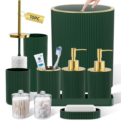 Dark Green Bathroom Accessories Set, 10PC Bathroom Set, Bath Accessory with Pop Up Trash Can, Soap Dispenser, Toilet Brush, Toothbrush Set Qtip Holders & Tray - color: Dark Green & Gold, size: 10-Piece Set (Accessories Only)