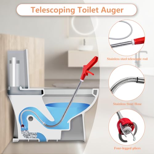 Drain Snake Toilet Auger AC Drain Line Cleaning brush Hair Clog Remover Tools Drain opener set for Men/Women Perfect Option Types of clog for Toilet,Kitchen Sink,Bathroom Sewer Various Projects - style: 51"Toilet Auger Kit(6PCS)