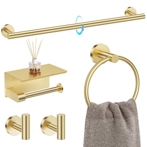 TQKAG 5 Piece Bathroom Towel Bar Holder Sets Brushed Gold Bathroom Hardware Set Stainless Steel Toilet Paper Holder with Shelf Bathroom Accessories Kit Wall Mounted - color: Brushed Gold, size: 5-Pieces Set-A