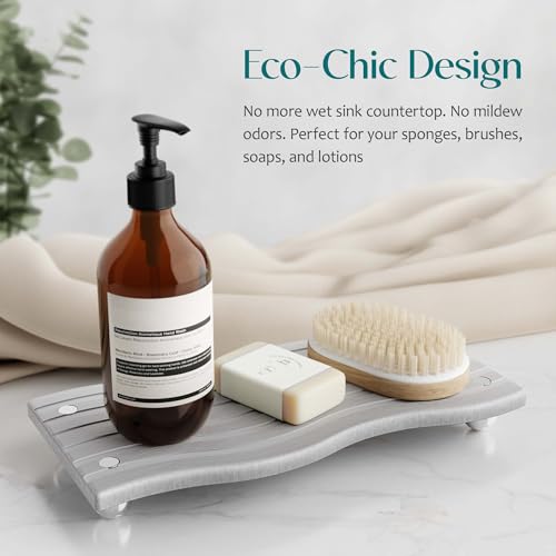 Water Absorbing Stone Tray for Sink, Diatomite Drying Stone for Kitchen Bathroom Counter, Decorative Raised-Feet Vanity Tray, Sink Caddy Organizer for Dish Soap & Sponge Holder [Grey, 9'' x 4''] - color: Light Grey, size: 9" x 4" x 1.1"