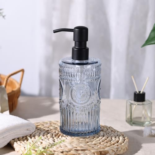 17 OZ Sunflower Embossed Glass Soap Dispenser - 2 Pack, with 304 Rust Proof Stainless Steel Pump, Glass Soap and Lotion Dispenser Set, Liquid Hand Soap Dispenser for Home, Kitchen & Bathroom (Blue) - color: Bule