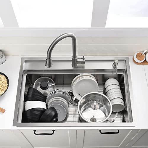 33 Inch Drop In Kitchen Sink Workstation - VOKIM 33X22 Inch Drop In Sink Stainless Steel Splash Guard 16 Gauge 10'' Deep Single Bowl Handmade Topmount Sink with Cutting Board& Strainer - color: Stainless Steel （Splash Guard）, size: 33"L x 22"W x 10"D