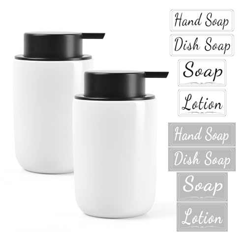 BosilunLife White Soap Dispenser Set - 2 Pack 12oz Ceramic Dish Soap Dispenser with Rust Proof Pump for Kitchen, Hand Soap and Lotion Set Suitable for Farmhouse Bathroom Decor with Waterproof Labels - color: White-liquid Pump