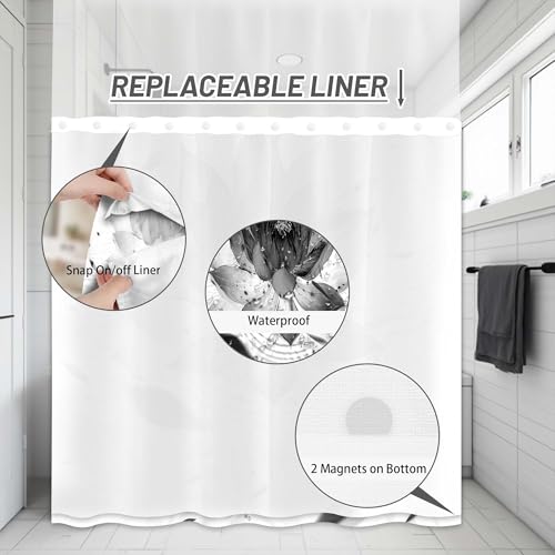 Lotus Hookless Shower Curtain with Snap in Liner, Black and White Zen Spa No Hook Shower Curtain and Liner Set, Ringless with Window Waterproof Cloth Fabric, 60" W X 74" L - color: Ink Water, size: 60"W x 74"L (Pack of 1)