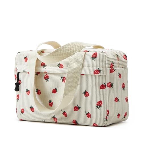 Large Makeup Bag for Women Corduroy Cosmetic bag Make up Bags Zipper Pouch with handle Cosmetic Organizer Toiletry Bag for Travel Storage - color: 30-Strawberry White