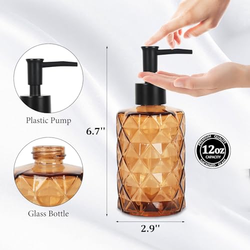 Brown Glass Soap Dispenser, 11 Oz/330ml Liquid Hand Soap Dispenser Set for Kitchen Sink and Bathroom, Dish Lotion Dispenser Set, Diamond Lotion Bottles with Black Pump&Funnel - color: Brown&black