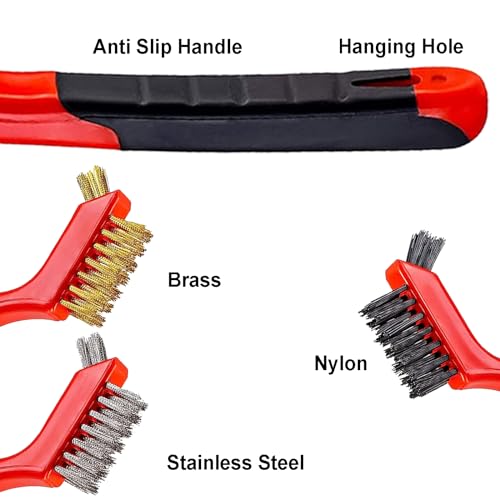 YiwerDer 6Pcs Mini Wire Brush Set, Stainless Steel/Brass/Nylon Bristles Wire Brushes, Curved Handle Soft Grip for Rust, Dirt & Paint Scrubbing with Deep Cleaning – 7 Inches (Red) - style: 6Pcs Red Mixed Brushed