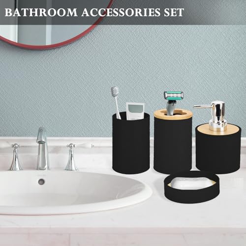 Bamboo Bathroom Accessories Set 4 Pcs, Black Bathroom Accessory Set with Soap Dispenser and Toothbrush Holder, Soap Dish and Mouthwash Cup, Boho Bathroom Decor - color: Black