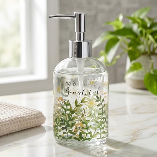 Topadorn 17oz Glass Soap Dispenser, Refillable Clear Liquid Soap Bottle, Bathroom Kitchen Countertop Decor, Inspirational Quote Design - color: Green