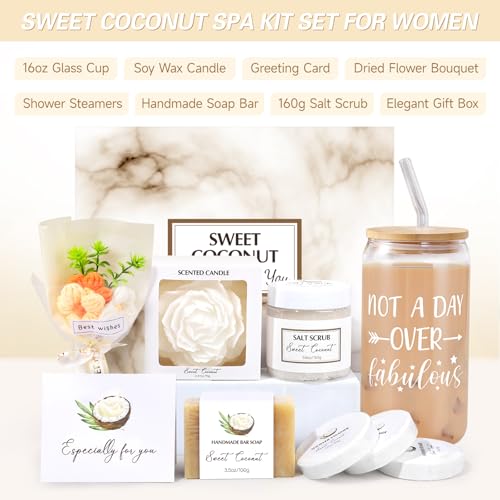 Spa Gift Baskets for Women, Sweet Coconut Birthday Gifts Baskets for Women, Spa Kit Gift Box, Bath and Body Relaxing Gifts Set for Mother Wife Sister Friends with Glass Cup Salt Scrub Shower Steamers - color: 9Pcs Sweet Coconut