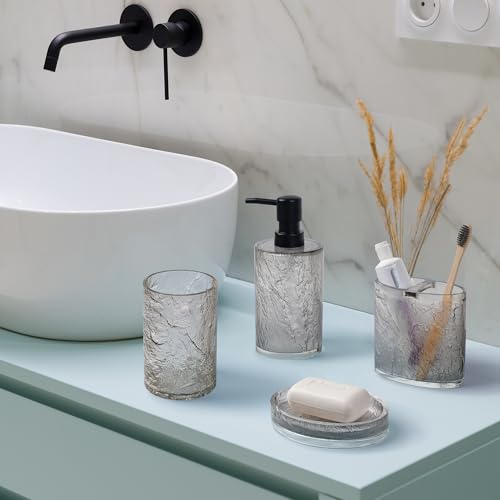 RQYIXI 4 PCS Resin Bathroom Accessories Set,Silver-Grey,Minimalist Luxury | Modern Elegance Shatterproof Bathroomset includes:Soap Dispenser, Toothbrush Holder, Tumbler, Soap Dish - size: 4pcs