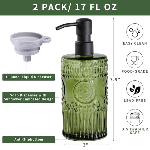 17 OZ Sunflower Embossed Glass Soap Dispenser - 2 Pack, with 304 Rust Proof Stainless Steel Pump, Glass Soap and Lotion Dispenser Set, Liquid Hand Soap Dispenser for Home, Kitchen & Bathroom (Green) - color: Green