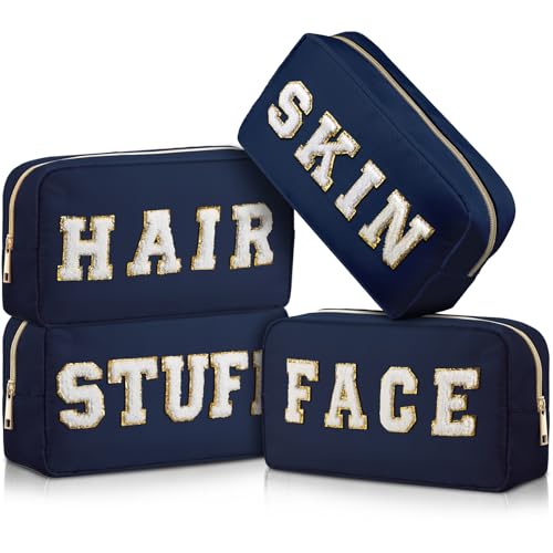 Preppy Makeup Bags Chenille Letter Stuff Bag Nylon Cosmetic Pouch Cases with Zipper for Women Travel Toiletry(Dark Blue,Classic,4 Pcs) - color: Dark Blue, size: Classic