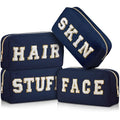 Preppy Makeup Bags Chenille Letter Stuff Bag Nylon Cosmetic Pouch Cases with Zipper for Women Travel Toiletry(Dark Blue,Classic,4 Pcs) - color: Dark Blue, size: Classic