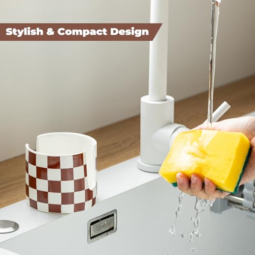 Checkered Sponge Holder for Kitchen Sink, Ceramic Dish Sponge Drying Caddy Scrubby Holder Kitchen Organizer Cute Dish Rack for Sink Counter, Brown and White - color: Brown and White, size: Cylindrical