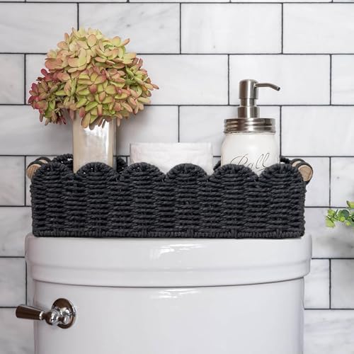 CubesLand Bathroom Basket Organizer, Toilet Tank Paper Storage Baskets 2-Pack, Scalloped Decorative Basket for Countertop w/Handle, Wicker Basket for Bathroom Decor, Home Decor, Living Room, Black - color: Black