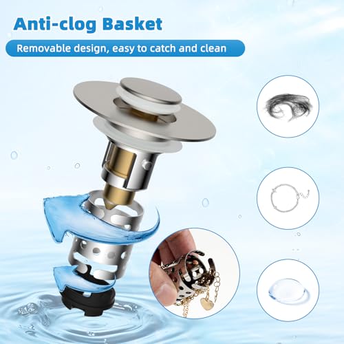 Universal Bathroom Sink Drain Stopper Hair Catcher, Brushed Nickel | Upgraded with 2-Layer Detachable Filter Basket, 4 in 1 Pop Up Drain Strainer, Anti-Clog, Fit for 1.1''~2.36'' Sinks - color: Brushed Nickel Finish