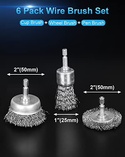 Rocaris 6 Pack Carbon Steel Wire Wheel and Pen Brush Set with 1/4-Inch Hex Shank for Rust Removal, Corrosion and Scrub Surfaces