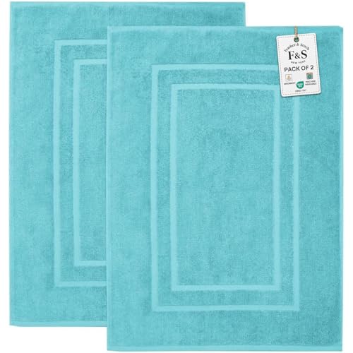 Feather & Stitch 2 Piece Towel Like Bath Mats (30x21 Inch) 100% Cotton Terry Bath Mats, Bathroom Shower Floor Mats [NOT A Bathroom Rug], Soft Absorbent Washable Mats - Aqua - color: Aqua