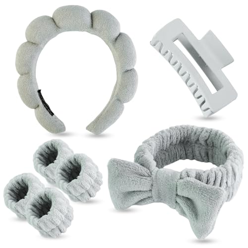 7 Pcs Spa Set, Facial Headband and Wristband Set, Skincare Accessories, College Style Girl Idea Gifts, Hair Accessories for Women and Girls（Grey） - color: Grey