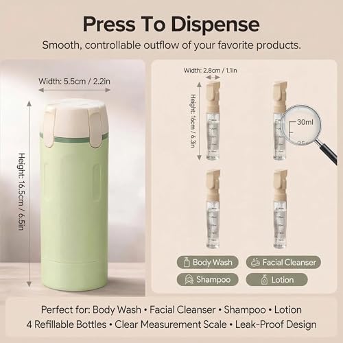 4 in 1 Travel Dispenser Bottle Leak Proof Refillable Travel Bottles Pump Shampoo Conditioner Lotion Cosmetic Containers Portable Set 4 Pack 30ml Air Travel Business Trip Essentials (White+Green)
