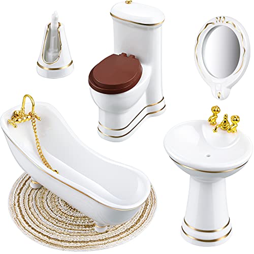 Skylety 6 Pcs Dollhouse Bathroom Furniture 1:12 Scale Porcelain Doll Accessories with Mini Bathtub, Toilet, Pedestal Sink, Mirror, Brush Holder, Carpet