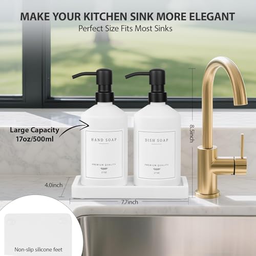 White Glass Kitchen Soap Dispenser Set, 17 OZ Hand and Dish Soap Dispenser Set with Rustproof Stainless Pump, 14 Waterproof Labels, Non-Slip Tray, Modern Bathroom Accessories(White Bottle/Black Pump) - color: White Bottle + Black Pump