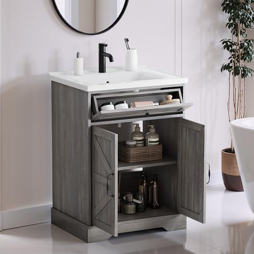 Smart FENDEE 23.62" Bathroom Vanity with Ceramic Sink, Farmhouse Bathroom Vanity Cabinet with Barn Door & Drawer, Freestanding Floor Storage Cupboard with Sink Combo Set, Washed Grey - color: Washed Grey