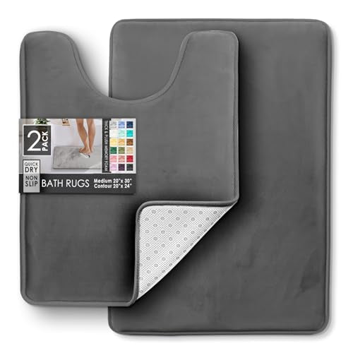 Clara Clark Bathroom Rugs, Velvet Memory Foam Bath Mat, Non-Slip Bath Rugs, Machine Wash, Dries Quickly, Ultra Soft Plush Bath Mats for Bathroom, - color: Dark Grey, style: 20 x 32 + Contour