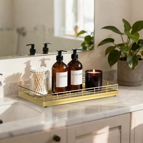 Bathroom Vanity Tray, 13" x 8" Oak Decorative Wooden Tray for Countertop | Large Bathroom Vanity Organizer, Rectangular Wood Tray for Perfume, Skincare & Storage, Vanity Dresser Counter Decor, Gold - color: All Golden, size: 13" x 8" x 2"