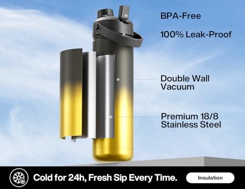 POWCAN 26 oz Insulated Water Bottle with 2-in-1 Straw and Spout Lid, Keep Cold 24H, Leak-Proof, Fits in Car Cup Holder, Stainless Steel Water Bottle for Sports, Travel, Gym, and School (King) - color: King, size: 26 Ounces