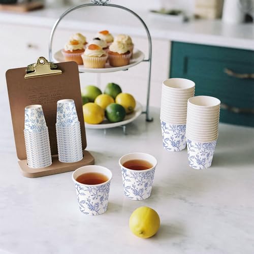 WRAPAHOLIC 3oz Paper Cups - 100 Pack Disposable Bathroom Cups with Toile Blue Floral Design, Small Mouthwash Cup for Toothbrush Rinse, Home Bathroom, Picnic, BBQ, Travel and Party - color: Blue and White Peony