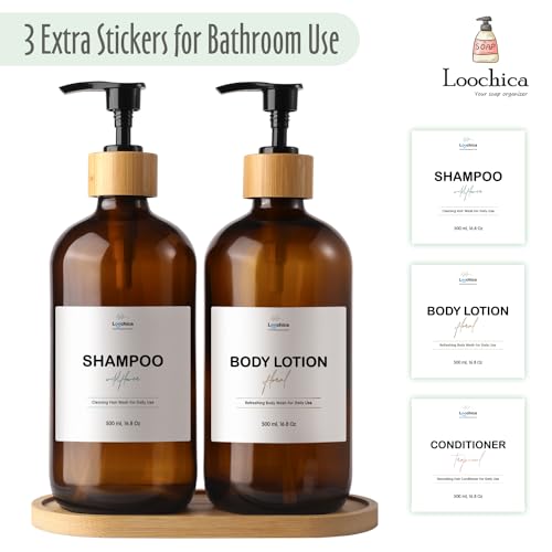 LOOCHICA Amber Glass Soap Dispenser Set with Tray, Amber Dish and Hand Soap Dispenser Set, Refillable Reusable Apothecary Soap Pump Dispenser Bottles for Bathroom and Kitchen - color: A04-2xamber
