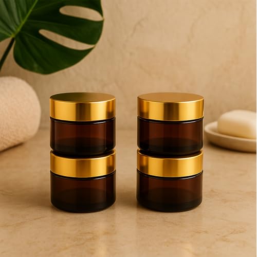 4 Packs 15ml/0.5Oz Amber Glass Cream Jars with Gold Lid Small Cosmetic Containers Refillable Skincare Travel Sample Jars for Face Cream, Balm, Lotion, Salve