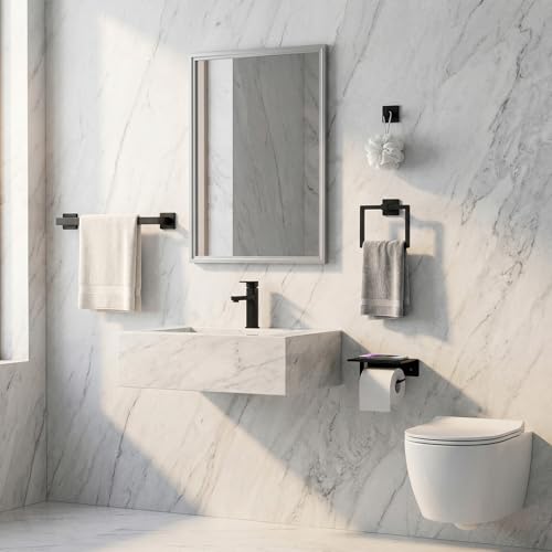 Tudoccy 5-Pieces Matte Black Bathroom Accessories Set, Bathroom Hardware Set SUS304 Stainless Steel Rustproof Wall Mounted - Includes 16" Hand Towel Bar, Toilet Paper Holder with Shelf, Towel Hooks - color: Black, size: 16 Inch 5 pcs
