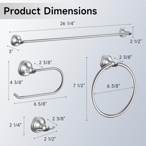 Formosa Design Hardware Classic 4-Piece Bathroom Accessories Set, 24-inch Towel Bar, Toilet Paper Holder, Towel Ring, and Robe Hook, Durable Zinc Alloy & Stainless Steel, (Polished Chrome Finish) - color: Polished Chrome