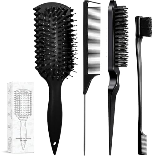 Curl Defining Brush, Curly Hair Brush Products With 3 Pcs Slick Back Hair Brush Set Bristle Brush Edge Control Teasing Comb for women (Black) - color: black