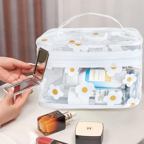 Clear White Flower Cosmetic Bag and Travel Pouch with Handle 8.66x5.51x5.51inch-Durable PVC Material,Versatile,Zipper Design for Smooth Sliding-Ideal for Makeup,Travel Essentials - color: White Flower#2