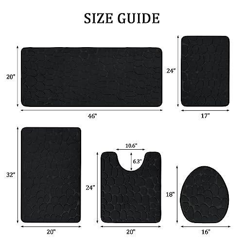 YIHOUSE Bathroom Rugs Mat Set, Memory Foam Bath Mat 5 Piece Black | Non Slip, Water Absorbent, Washable, Bath Mat For Bathroom, Sink and Toilet - color: Black, size: 3'11" x 1'8" (Rectangular)