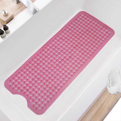 TEESHLY Bath Tub Shower Mat, Non Slip Bathtub Floor Liner Mats with Suction Cups and Drain Holes, Machine Washable Bathmat for Bathroom Floor Safety, 40 x 16 Inch, Clear Burgundy - color: Burgundy (Translucent)
