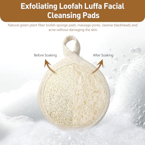 Natural Face Exfoliating Loofah Pad Scrubber - 4-Piece Facial Cleansing and Makeup Remover Set