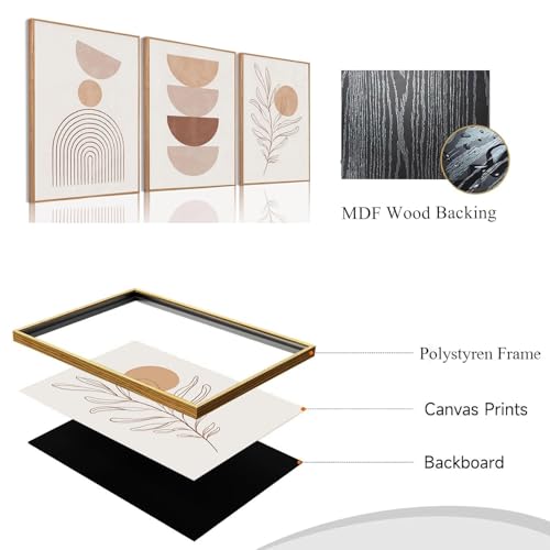 Bwodke Framed Boho Canvas Wall Art Mid Century Modern Prints Set of 3 Neutral Geometric Line Leaf Paintings Decor Minimalist Abstract Pictures Bedroom Living Room Bathroom - color: Boho Beige, size: 12"x16"Natural